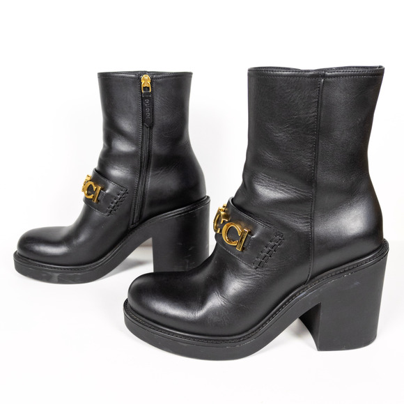GUCCI Black Leather Cara Big Logo Chunky Heeled Bootie Mid Calf Women's EU 38 - Picture 6 of 11